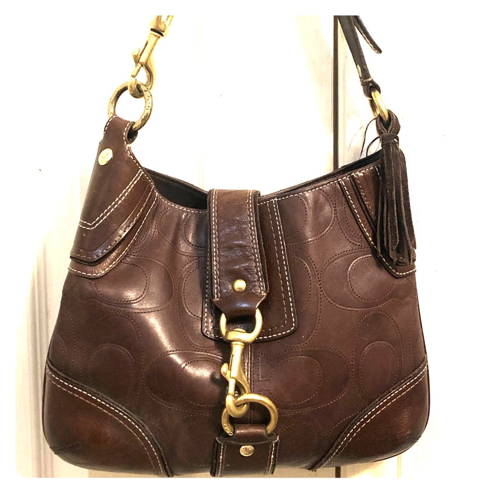 Coach embossed brown leather handbag